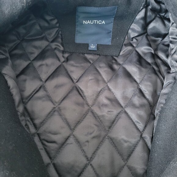 Nautica Quilted Black Wool Blend Men’s L Double Breasted Pea Coat Winter Jacket - Picture 4 of 7